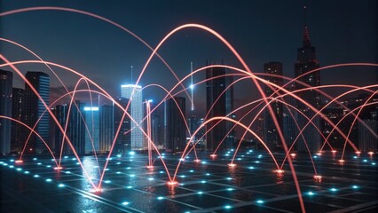 A futuristic cityscape illuminated by vibrant lights, showcasing a network of glowing arcs connecting skyscrapers against a twilight sky.
