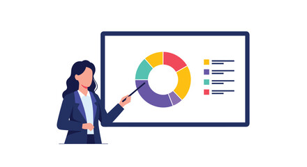 Professional businesswoman giving a presentation, pointing to a colorful donut chart on a screen to explain data insights.
