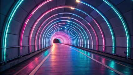 A brightly lit tunnel features vibrant neon lights in pink and blue, creating a visually striking perspective that evokes a sense of modernity and depth.
