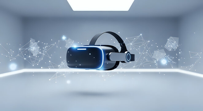 Immerse yourself in the future of technology with a sleek VR headset glowing with futuristic blue light, symbolizing innovation and boundless digital experiences.