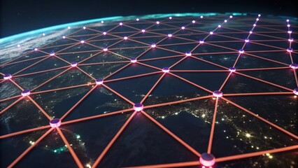 A network grid overlays a view of Earth at night, showcasing illuminated regions connected by nodes, symbolizing global connectivity and technology.