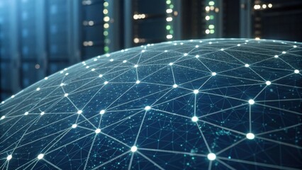 A digital globe with interconnected nodes and lines, illustrating a network or technological concept, set against a futuristic background.