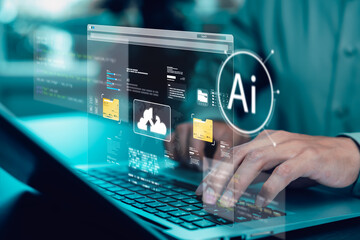 Person typing on laptop with virtual AI interface, cloud storage icons, and digital data visualization. Concept of artificial intelligence, data processing, and modern technology innovation.