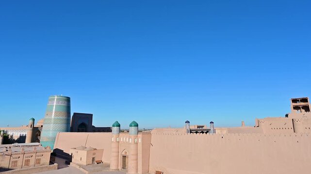 Cityscape of Khiva, Uzbekistan with the Kalta Minor Minaret and Kunya Ark