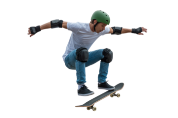 Young man in protective gear performs a dynamic skateboard trick, jumping in mid-air with a green helmet and casual attire. background removed