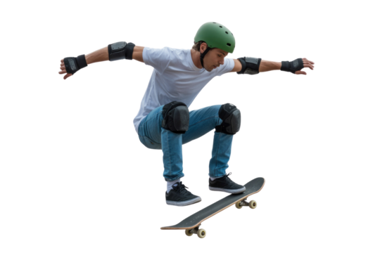 Young man in protective gear performs a dynamic skateboard trick, jumping in mid-air with a green helmet and casual attire. background removed - Powered by Adobe