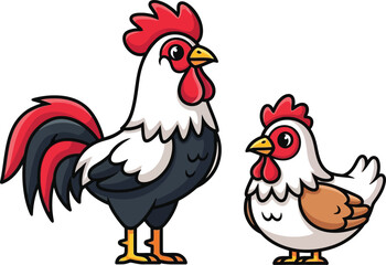 Rooster and hen cartoon animals farm birds domestic poultry barnyard nature wildlife isolated on transparent background