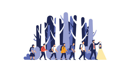 Inspirational leader holding a lantern and guiding a diverse team of people on a journey through a mysterious abstract forest.