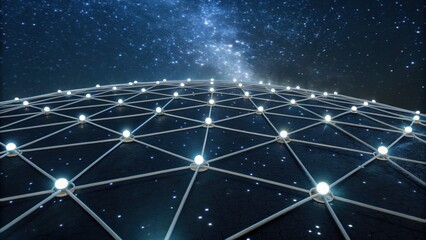 A futuristic view of a geometric network illuminated against a starry sky, capturing a blend of technology and cosmic beauty.