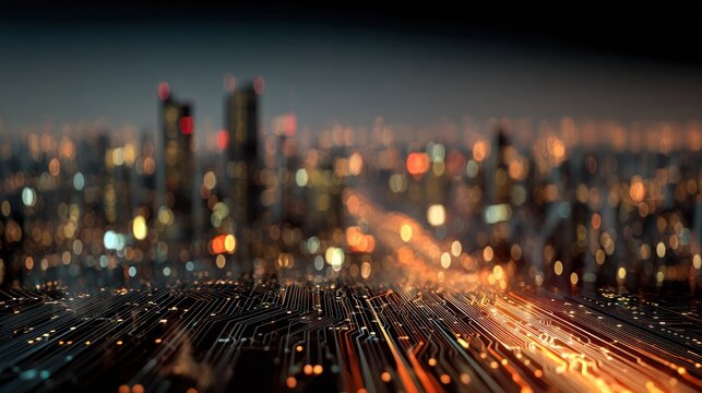 Cityscape illuminated by circuit lines