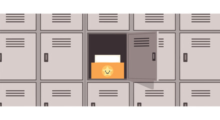 Open school or gym locker revealing a special box with a happy star, representing a reward, secret, or great achievement.