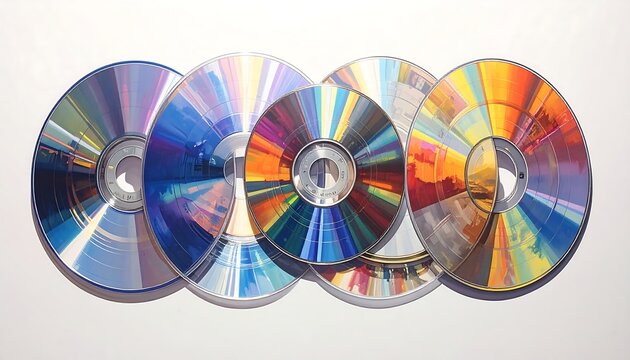 Five iridescent compact discs are arranged overlapping, on a white surface, creating colorful reflections