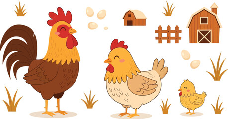 Charming farm scene rooster hen chickens barn fence and grass elements for countryside themes isolated on transparent background
