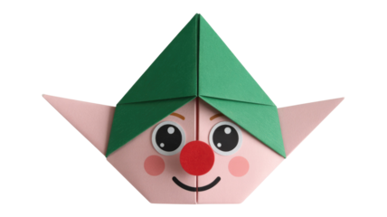 A charming origami elf or gnome face, with a green hat, pink skin, big eyes, a red nose, and a cheerful smile. background removed