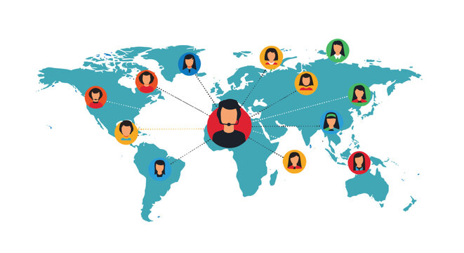 Global customer support network concept with a call center agent connected to people across the entire world map.
