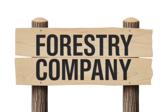 A rustic wooden sign displays "FORESTRY COMPANY" in bold black letters on two planks, supported by natural log posts against a solid transparent background. background removed
