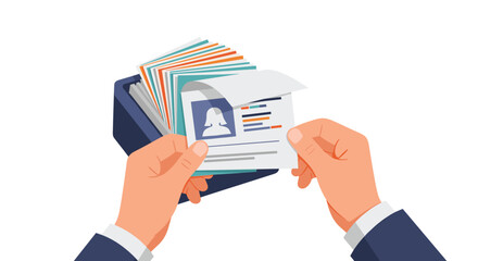 Hands flipping through a stack of candidate profiles or business cards in a wallet, searching for the right contact.