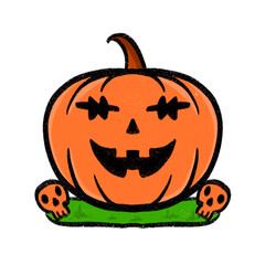 Cute Halloween Pumpkin Illustration with Smiling Face and Skulls on Grass
