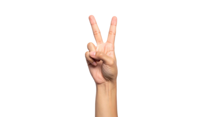 A hand making a peace sign gesture. The fingers are extended to create the V shape