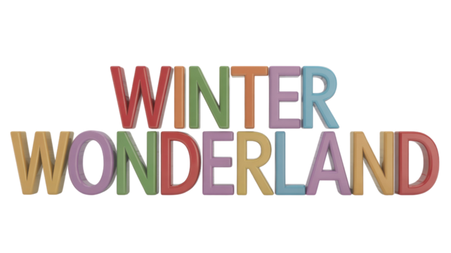 WINTER WONDERLAND displayed in vibrant, glossy 3D block letters, creating a cheerful, festive message perfect for the holiday season. background removed