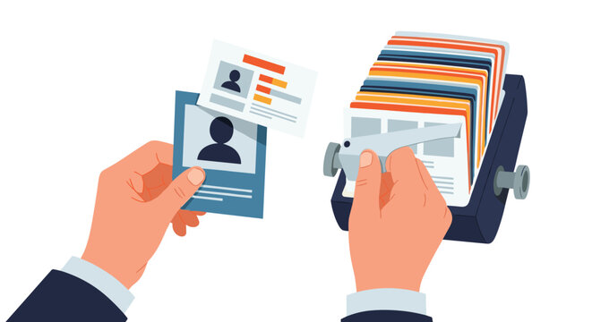 Hands searching for a contact card in a rolodex file, illustrating the process of finding and organizing business contacts.