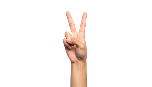 A hand making a peace sign gesture. The fingers are extended to create the V shape