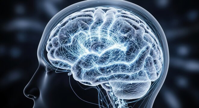 A transparent brain with neural pathways and a head shape, set against a dark background. - Powered by Adobe