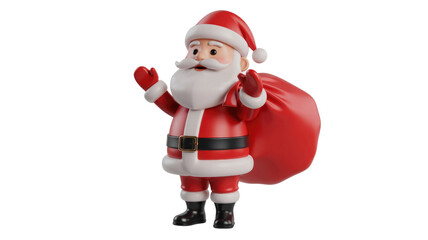 A cheerful 3D cartoon Santa Claus, in his classic red suit with a black belt, stands welcomingly with a red gift sack. background removed