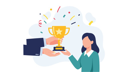 Manager's hands awarding a gold trophy to a female employee, recognizing her for exceptional performance and achievement.