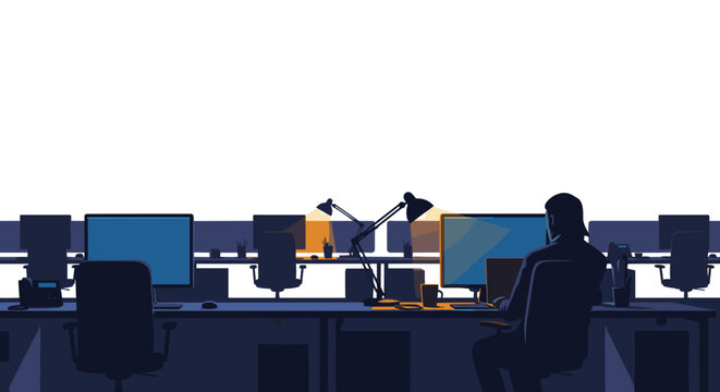 Silhouette of a dedicated employee working late at night in a dark office, illuminated only by a desk lamp and computer screen.