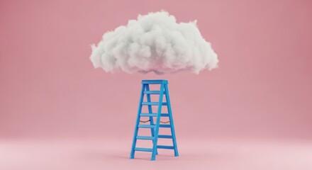 A blue ladder with a white cloud on top, standing on a pink background.
