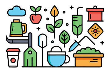 Colorful garden tools, plants, and outdoor items come together in a playful scene. Perfect for eco living, gardening, and outdoor lifestyle stock imagery with a cheerful vibe.