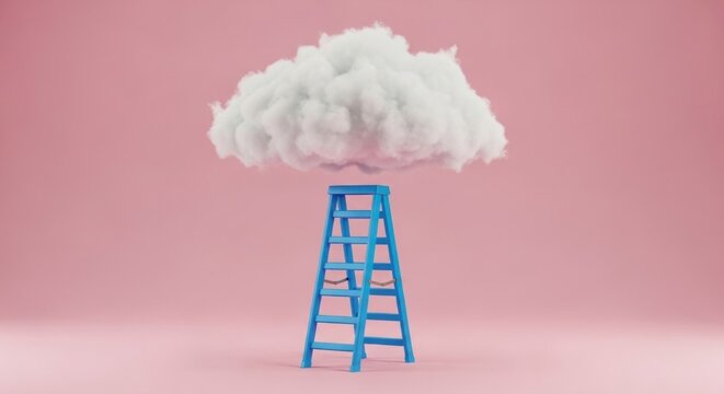 A blue ladder with a white cloud on top, standing on a pink background.