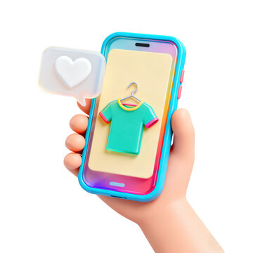 3D Rendered Skin-Toned Hand Holding Gradient-Frame Smartphone With Decorated Green T-Shirt & Heart Speech Bubble on Screen &ndash; For E-Commerce & Online Shopping Visual Concept