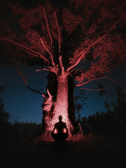 Silhouette of a person meditating under a large tree illuminated by red light at night. Mystical and conceptual scene symbolizing connection with nature, inner energy, mindfulness, spiritual awakening