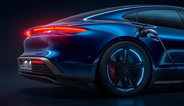 Modern blue electric sports car charging with cable plugged in, close-up side view of rear quarter panel, glowing blue LED accent lighting on wheel rim, red illuminated taillight, carbon fiber rear 