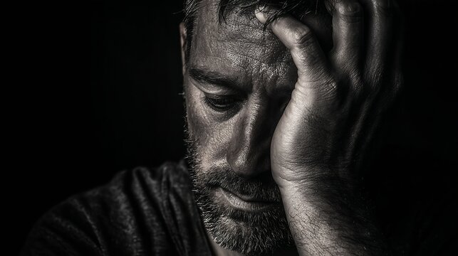 A closeup of a sweaty mans face in monochrome, conveying intense emotion, struggle, or physical exertion against a dark background, showcasing raw human experience.