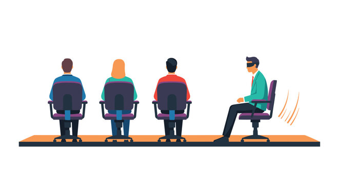 Human resources manager with a blindfold playing a guessing game with job candidates during a unique interview process.