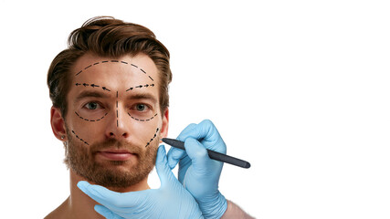 Man face with surgery lines marked by gloved hands before procedure. Concept of aesthetic medicine,...