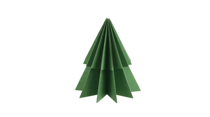 Fototapeta premium A beautifully crafted, minimalist green origami paper Christmas tree stands upright against a simple dark transparent background, perfect for holiday and craft themes. background removed