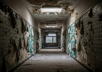 Eerie abandoned hallway with graffiti and decay in perspective
