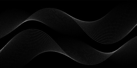 Flowing dots particles wave pattern 3D curve halftone white curve shape isolated on black background. Vector in concept of technology, science, music, modern.Print
