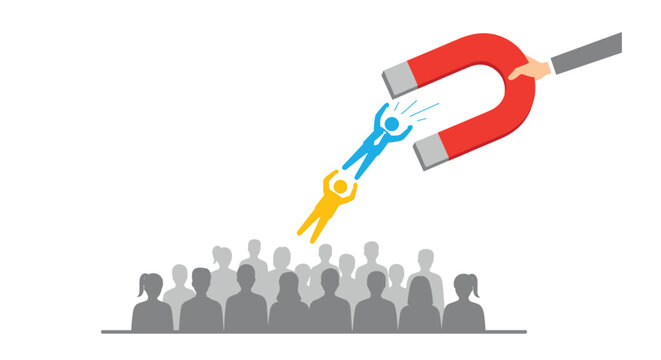 Human resources concept of attracting and recruiting top talent using a large magnet to pull a candidate from a crowd.