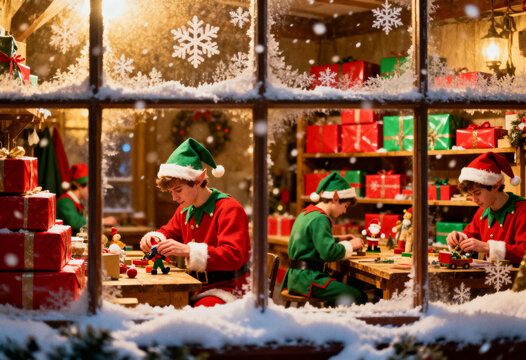 cheerful christmas scene with child elves in gift wrapping room