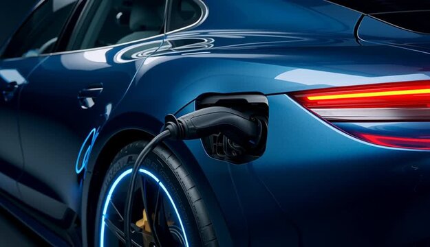 Modern blue electric sports car charging with cable plugged in, close-up side view of rear quarter panel, glowing blue LED accent lighting on wheel rim, red illuminated taillight, carbon fiber rear 