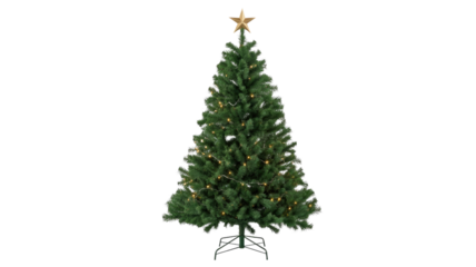 A festive green artificial Christmas tree, adorned with warm string lights and a golden star topper, stands ready for holiday celebrations. background removed