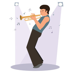 Vector illustration of a talented trumpet player. Cartoon scene of a guy musician playing the trumpet, performance on stage, musical notes, spotlights isolated on white background. Wind instrument.