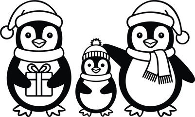 Charming penguin family celebrating winter holidays with gifts and festive cheer, perfect for seasonal greetings and heartwarming designs for your creative projects