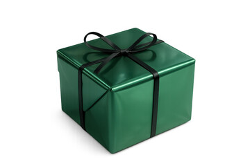 Fototapeta premium Gift box wrapped in green paper with a black ribbon bow on transparent background symbolizing celebration and surprise