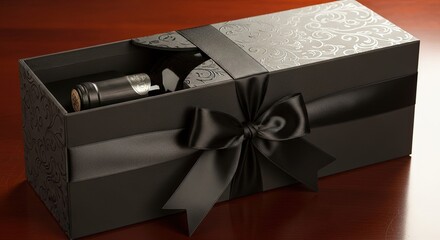 Elegant black gift box with wine bottle and ribbon decor on table  